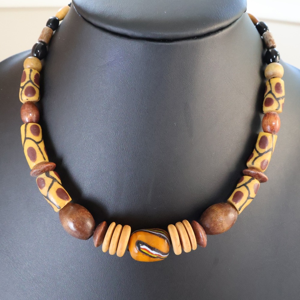 Vintage Tribal Boho Beaded Necklace Wood Beads Yellow Brown 18 Inch